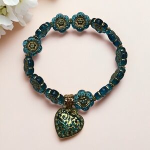Hand Crafted Teal Flower Glass Bead Bracelet with Filigree Heart Charm